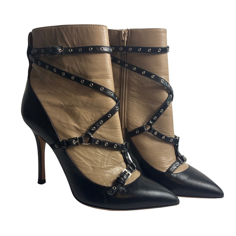 Valentino Garavani Black Tan Leather Buckle Strap Pointed Toe Ankle Boots 36